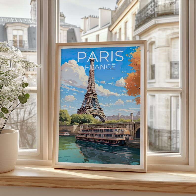 France Poster, Paris Travel Print, Seine Boats Art, European City Poster, Landscape Poster, Scenic Wall Art, Home Decor, Birthday Gift