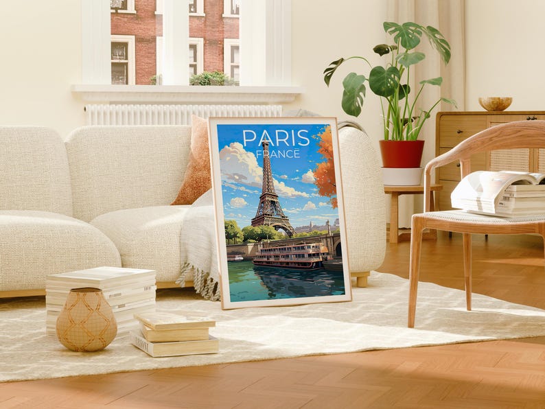 France Poster, Paris Travel Print, Seine Boats Art, European City Poster, Landscape Poster, Scenic Wall Art, Home Decor, Birthday Gift