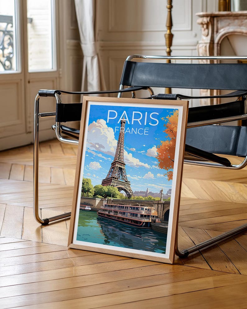 France Poster, Paris Travel Print, Seine Boats Art, European City Poster, Landscape Poster, Scenic Wall Art, Home Decor, Birthday Gift