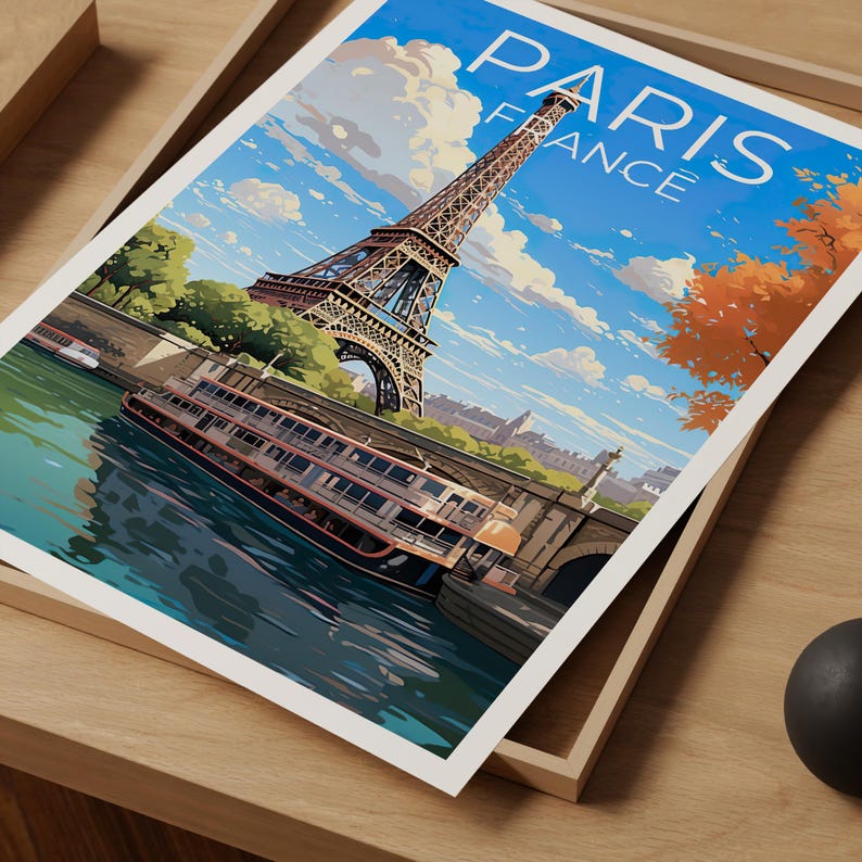 France Poster, Paris Travel Print, Seine Boats Art, European City Poster, Landscape Poster, Scenic Wall Art, Home Decor, Birthday Gift