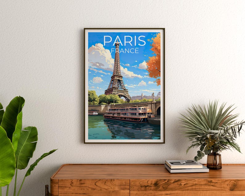 France Poster, Paris Travel Print, Seine Boats Art, European City Poster, Landscape Poster, Scenic Wall Art, Home Decor, Birthday Gift