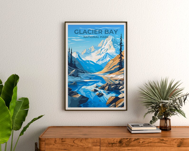 Affiche de voyage de Glacier Bay, art mural de l'Alaska, impression du parc national, affiche de Glacier Bay, art de l'Alaska, affiche de la nature, illustration de Glacier Bay
