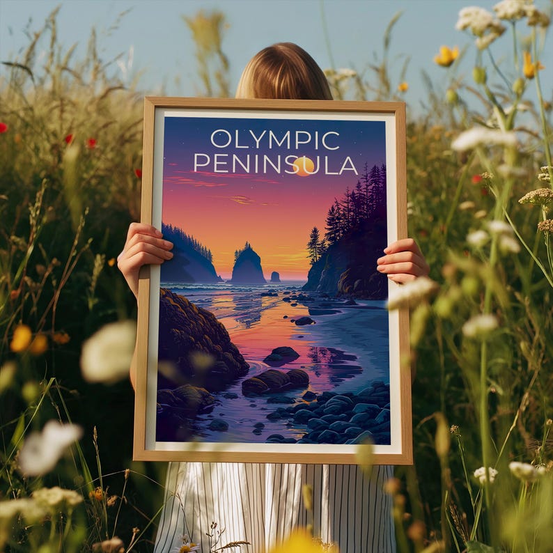 Olympic Peninsula Print, Washington State Poster, Beach Wall Art, Olympic Illustration, Landscape Poster, Home Decor, Birthday Gift