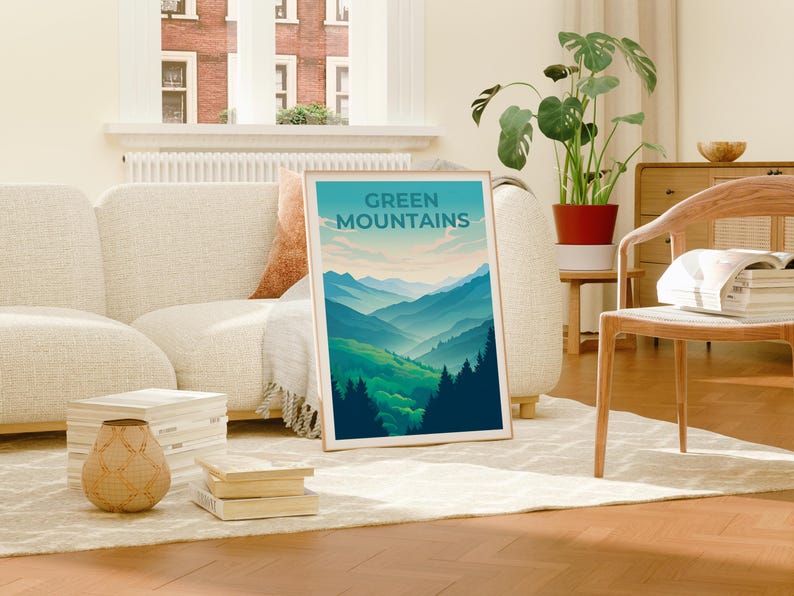 Vermont Travel Poster, Green Mountains Print, Vermont Wall Art, Forest Illustration, Mountain Poster, Home Decor, Birthday Gift