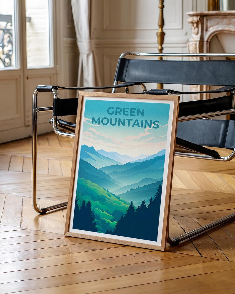 Vermont Travel Poster, Green Mountains Print, Vermont Wall Art, Forest Illustration, Mountain Poster, Home Decor, Birthday Gift