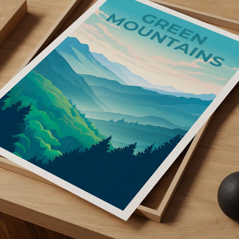 Vermont Travel Poster, Green Mountains Print, Vermont Wall Art, Forest Illustration, Mountain Poster, Home Decor, Birthday Gift