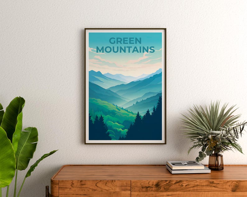 Vermont Travel Poster, Green Mountains Print, Vermont Wall Art, Forest Illustration, Mountain Poster, Home Decor, Birthday Gift
