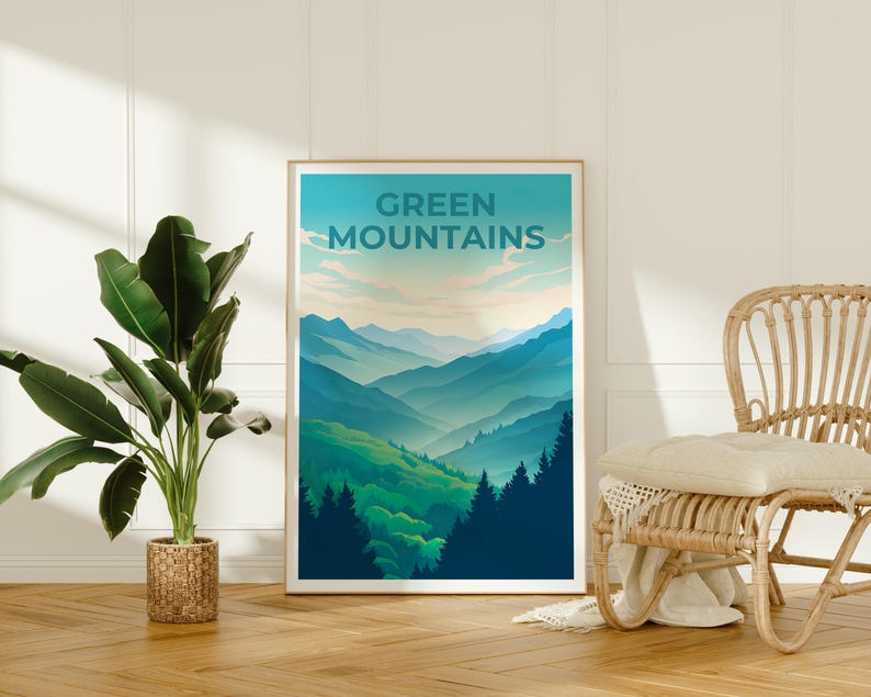 Vermont Travel Poster, Green Mountains Print, Vermont Wall Art, Forest Illustration, Mountain Poster, Home Decor, Birthday Gift