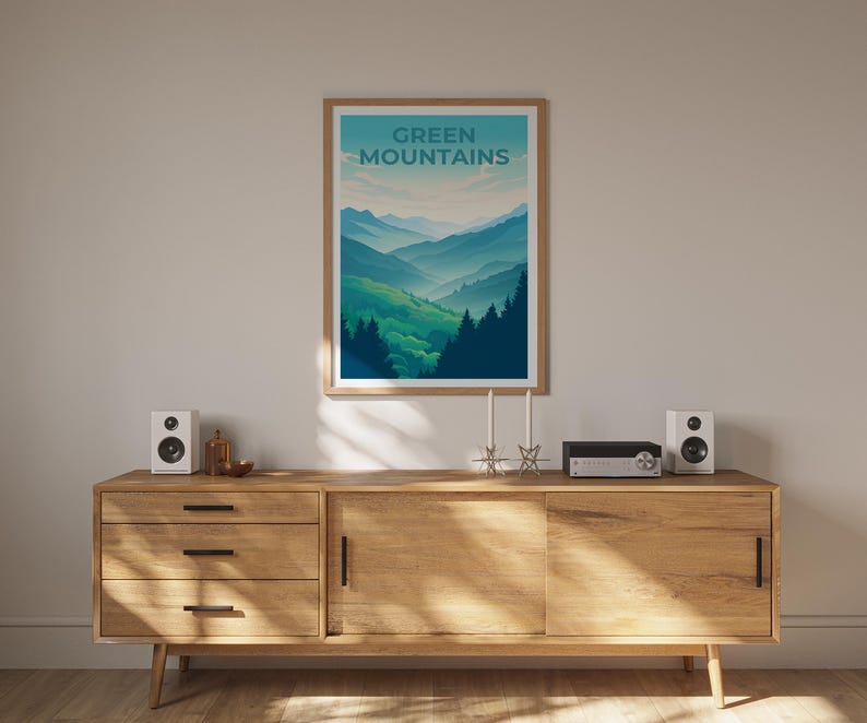 Vermont Travel Poster, Green Mountains Print, Vermont Wall Art, Forest Illustration, Mountain Poster, Home Decor, Birthday Gift