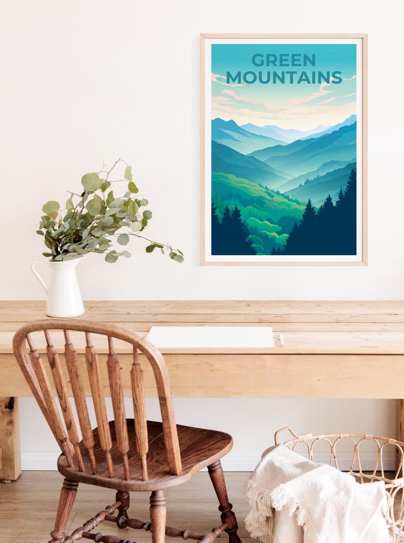 Vermont Travel Poster, Green Mountains Print, Vermont Wall Art, Forest Illustration, Mountain Poster, Home Decor, Birthday Gift
