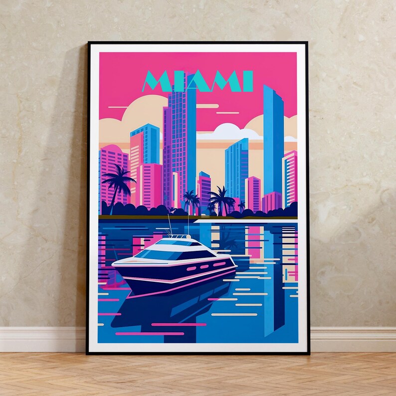 Miami Travel Poster, Miami Wall Art, Miami Print, City Skyline Poster, Retro Miami Art, 80s Miami Poster, Poster Art, Wall Decor