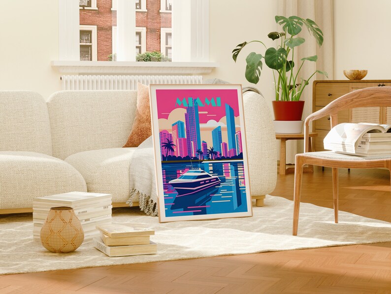 Miami Travel Poster, Miami Wall Art, Miami Print, City Skyline Poster, Retro Miami Art, 80s Miami Poster, Poster Art, Wall Decor