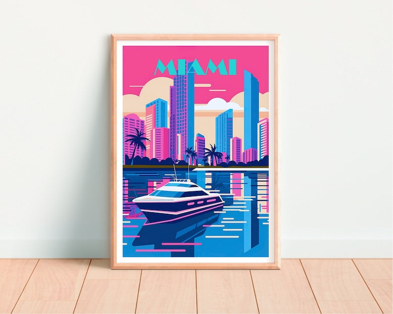 Miami Travel Poster, Miami Wall Art, Miami Print, City Skyline Poster, Retro Miami Art, 80s Miami Poster, Poster Art, Wall Decor