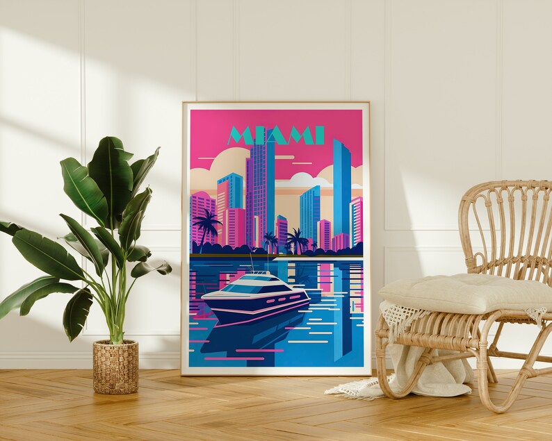 Miami Travel Poster, Miami Wall Art, Miami Print, City Skyline Poster, Retro Miami Art, 80s Miami Poster, Poster Art, Wall Decor