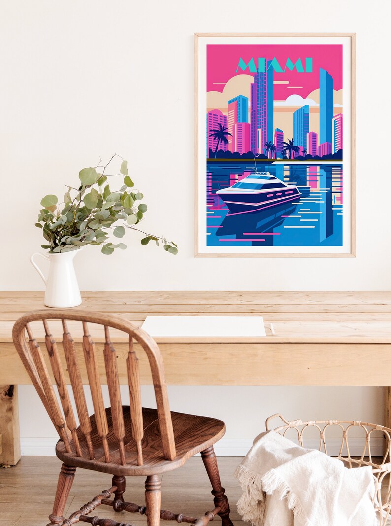 Miami Travel Poster, Miami Wall Art, Miami Print, City Skyline Poster, Retro Miami Art, 80s Miami Poster, Poster Art, Wall Decor