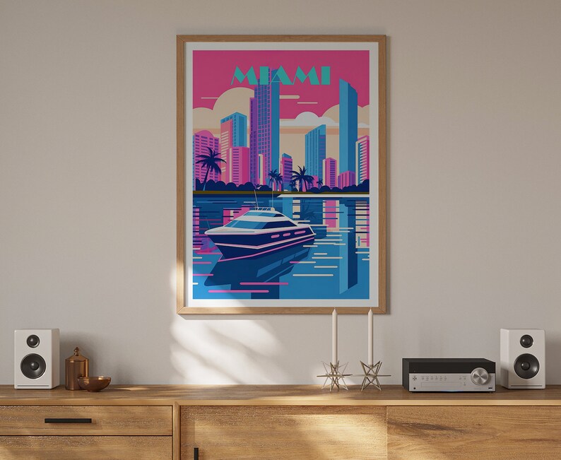 Miami Travel Poster, Miami Wall Art, Miami Print, City Skyline Poster, Retro Miami Art, 80s Miami Poster, Poster Art, Wall Decor