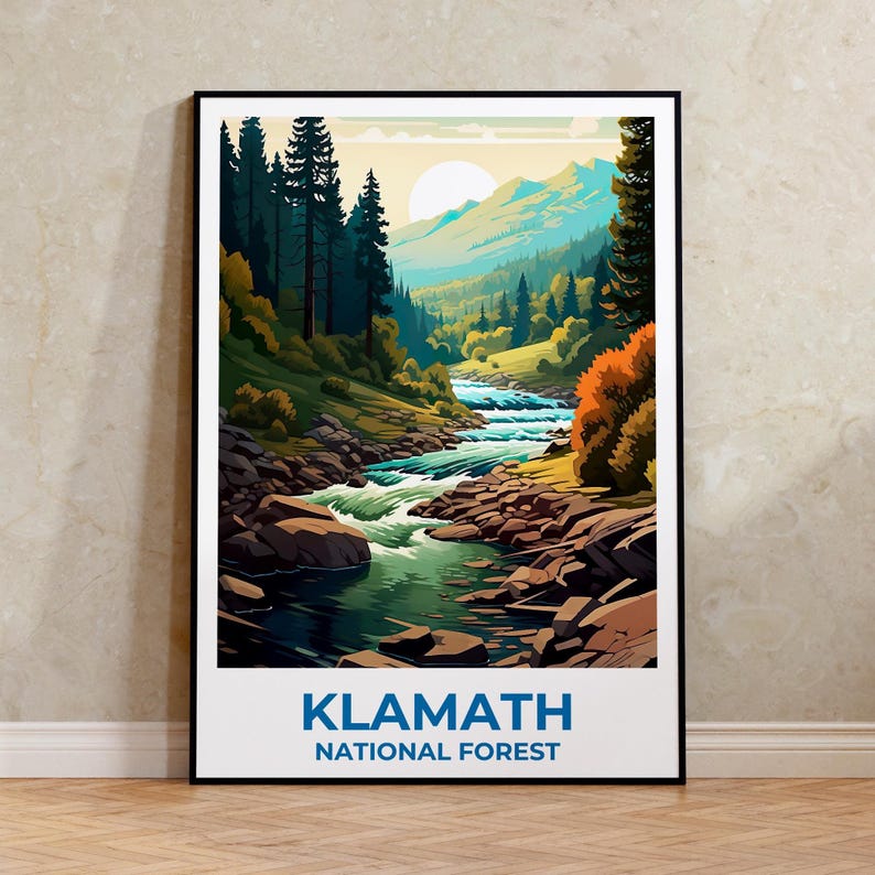 Klamath National Forest Travel Print California Poster Forest Wall Art Mountain Illustration Klamath Poster Home Decor Birthday Gift