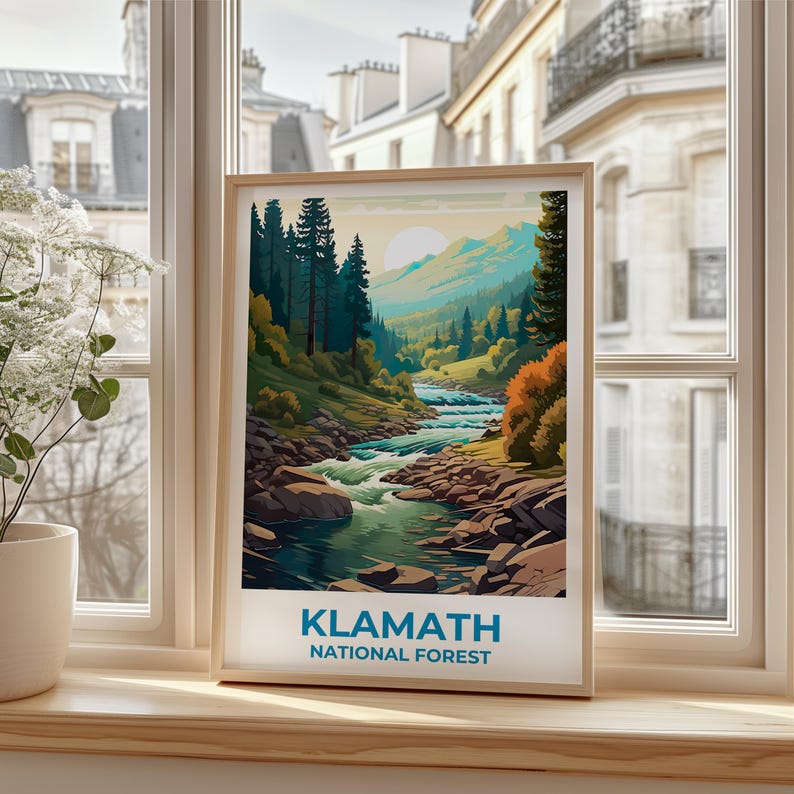 Klamath National Forest Travel Print California Poster Forest Wall Art Mountain Illustration Klamath Poster Home Decor Birthday Gift