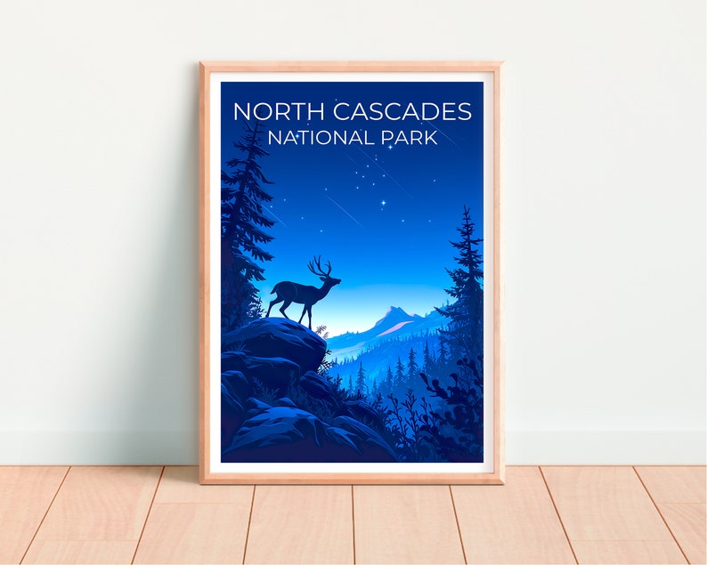Affiche du parc national des North Cascades, impression de Washington, art de Washington, impression de cerf, affiche de voyage des Cascades, affiche de cerf, affiche de forêt