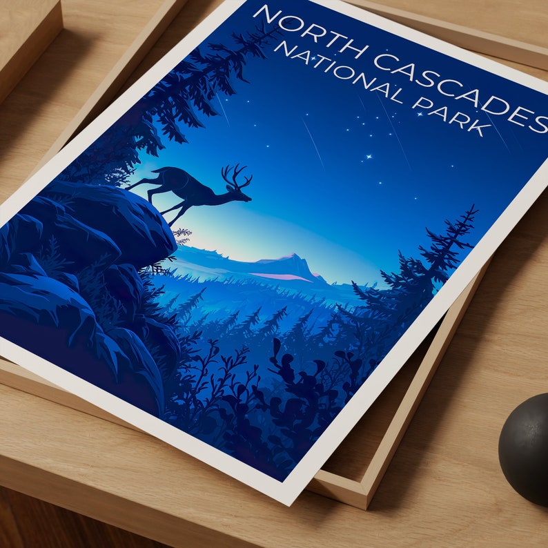 Affiche du parc national des North Cascades, impression de Washington, art de Washington, impression de cerf, affiche de voyage des Cascades, affiche de cerf, affiche de forêt