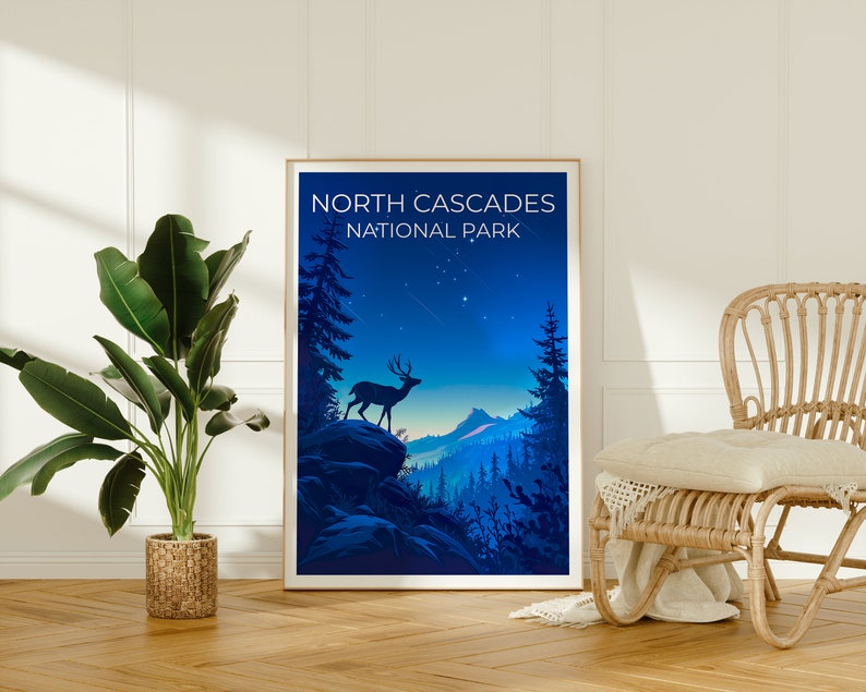 Affiche du parc national des North Cascades, impression de Washington, art de Washington, impression de cerf, affiche de voyage des Cascades, affiche de cerf, affiche de forêt