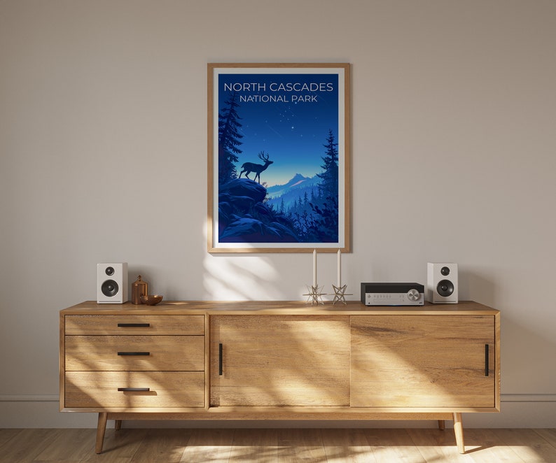 Affiche du parc national des North Cascades, impression de Washington, art de Washington, impression de cerf, affiche de voyage des Cascades, affiche de cerf, affiche de forêt
