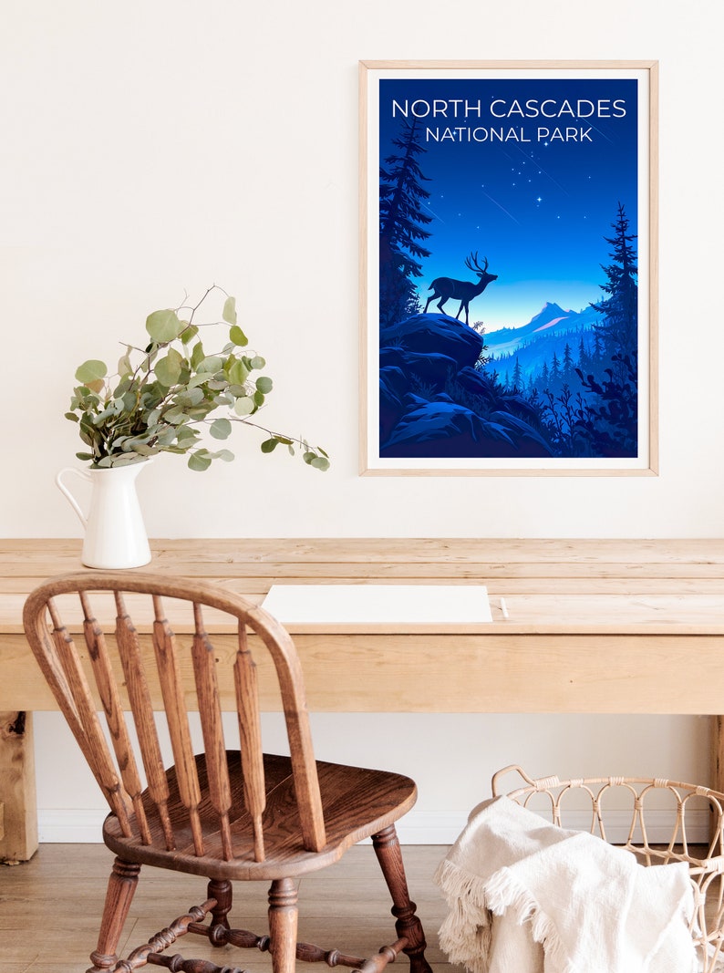 Affiche du parc national des North Cascades, impression de Washington, art de Washington, impression de cerf, affiche de voyage des Cascades, affiche de cerf, affiche de forêt