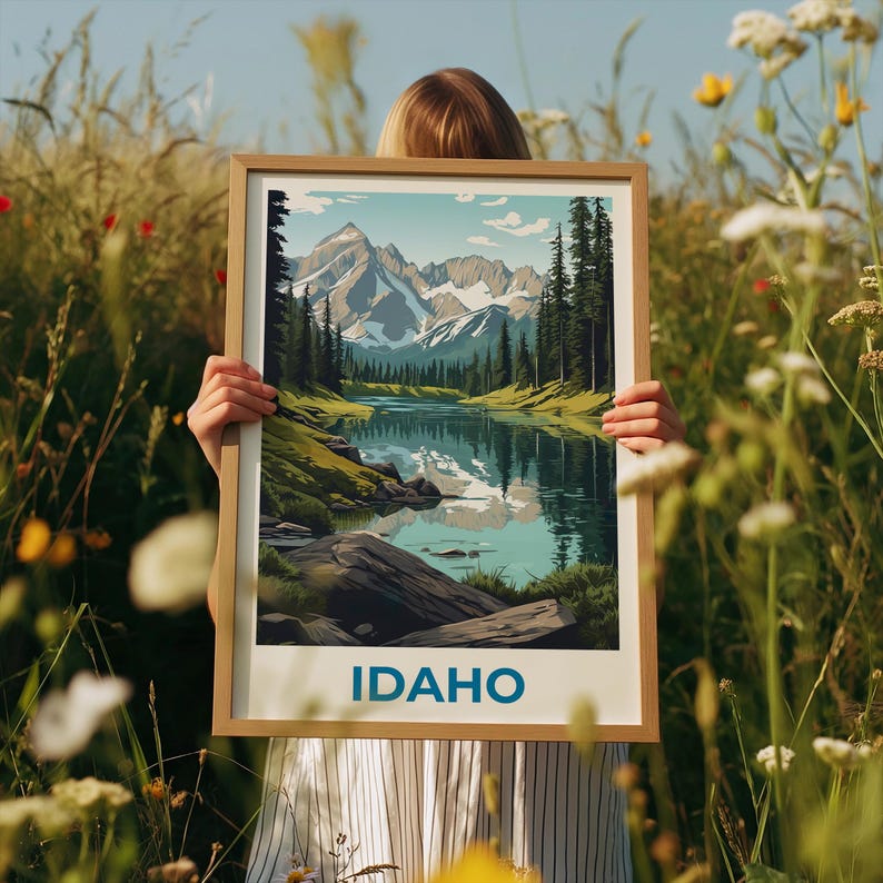 Idaho Travel Print Nature Poster Sawtooth Mountains Wall Art Forest Illustration Idaho Poster Home Decor Birthday Gift