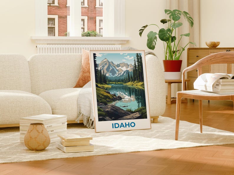 Idaho Travel Print Nature Poster Sawtooth Mountains Wall Art Forest Illustration Idaho Poster Home Decor Birthday Gift