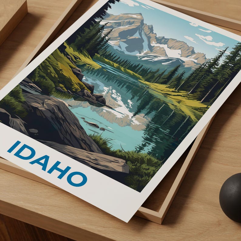 Idaho Travel Print Nature Poster Sawtooth Mountains Wall Art Forest Illustration Idaho Poster Home Decor Birthday Gift