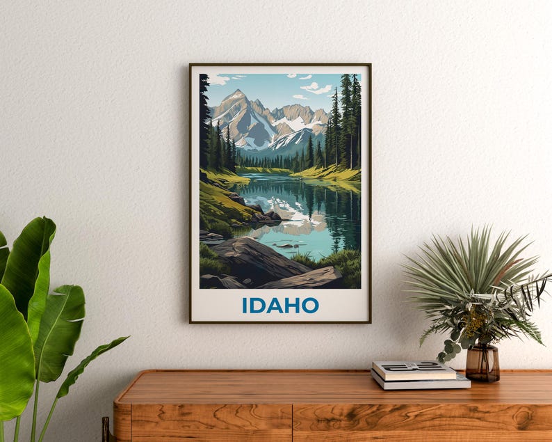 Idaho Travel Print Nature Poster Sawtooth Mountains Wall Art Forest Illustration Idaho Poster Home Decor Birthday Gift