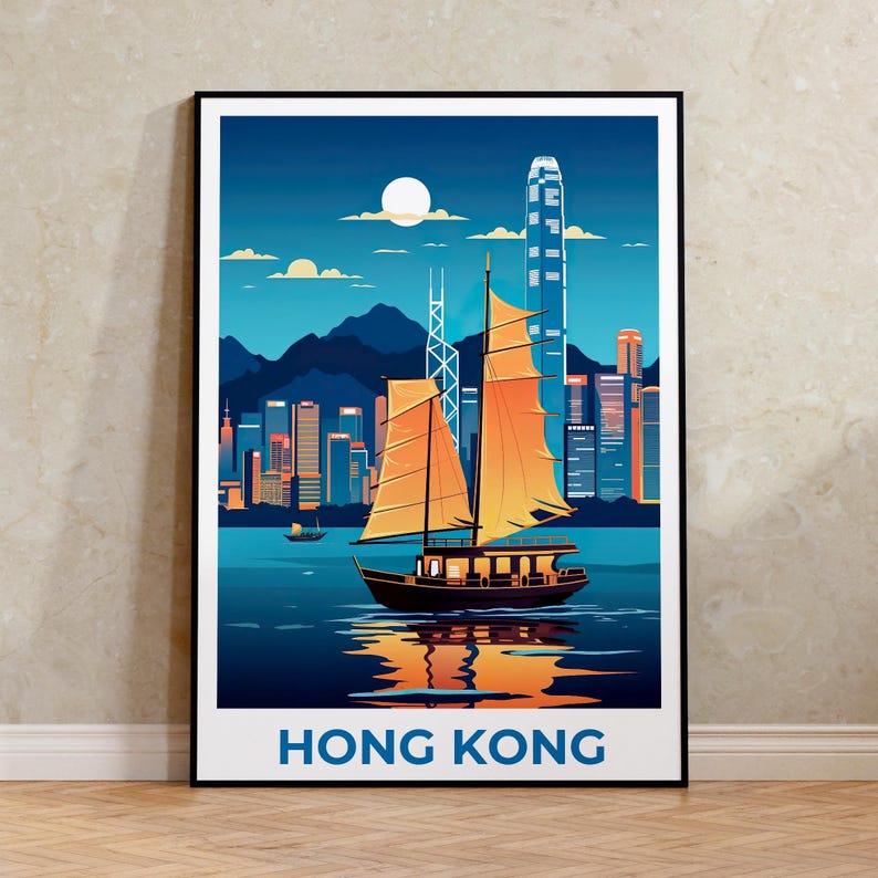 Hong Kong Travel Print Victoria Harbour Poster China Wall Art Asia Illustration Hong Kong Poster Home Decor Birthday Gift