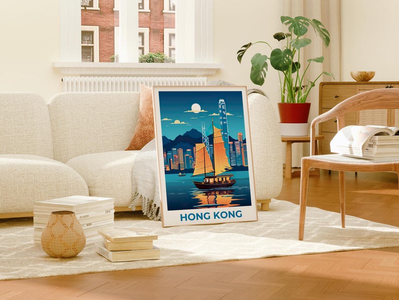 Hong Kong Travel Print Victoria Harbour Poster China Wall Art Asia Illustration Hong Kong Poster Home Decor Birthday Gift