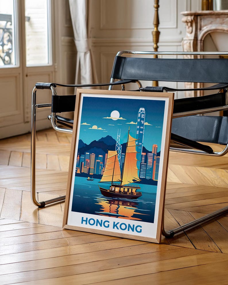 Hong Kong Travel Print Victoria Harbour Poster China Wall Art Asia Illustration Hong Kong Poster Home Decor Birthday Gift