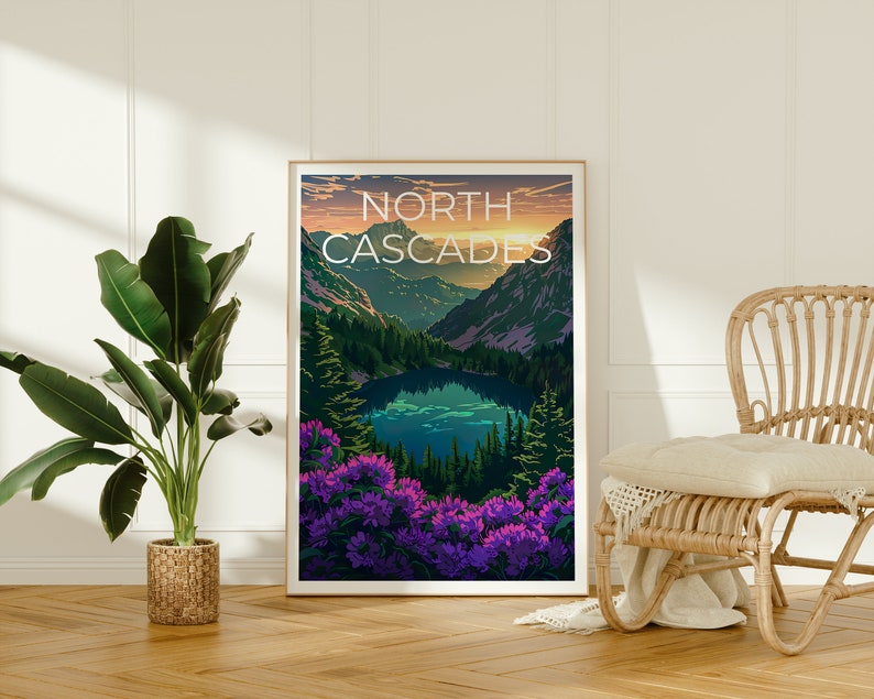 Affiche du parc national des North Cascades, impression de Washington, art de Washington, impression des North Cascades, affiche de voyage des Cascades, affiche de montagne