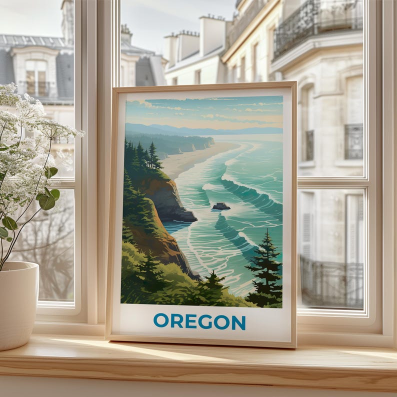 Oregon Travel Print Coast Poster Beach Wall Art West Coast Illustration Oregon Poster Home Decor Birthday Gift