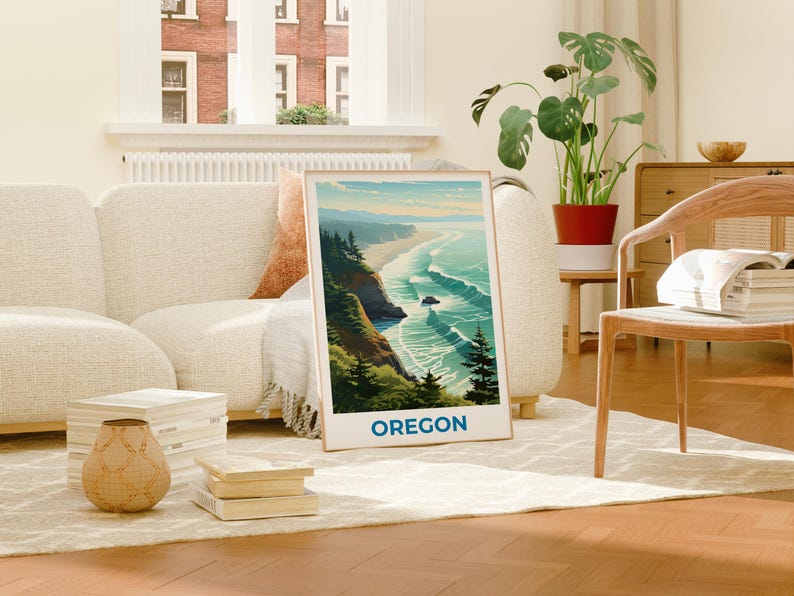 Oregon Travel Print Coast Poster Beach Wall Art West Coast Illustration Oregon Poster Home Decor Birthday Gift