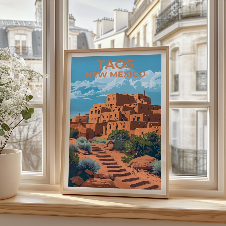 Taos Pueblo Travel Print Taos Poster New Mexico Wall Art Native American Illustration Desert Poster Home Decor Birthday Gift