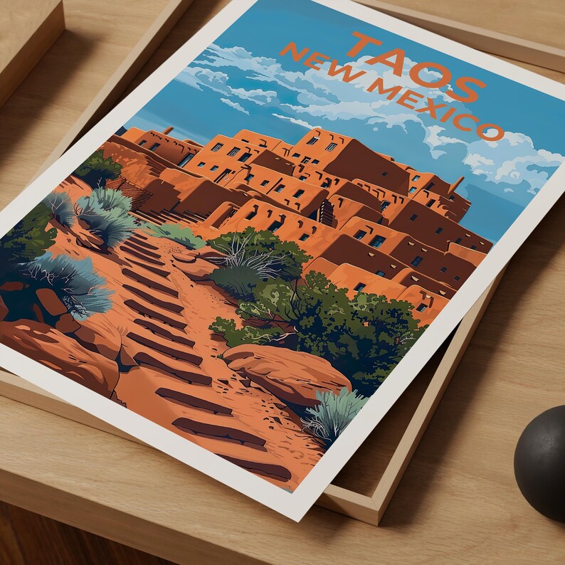 Taos Pueblo Travel Print Taos Poster New Mexico Wall Art Native American Illustration Desert Poster Home Decor Birthday Gift