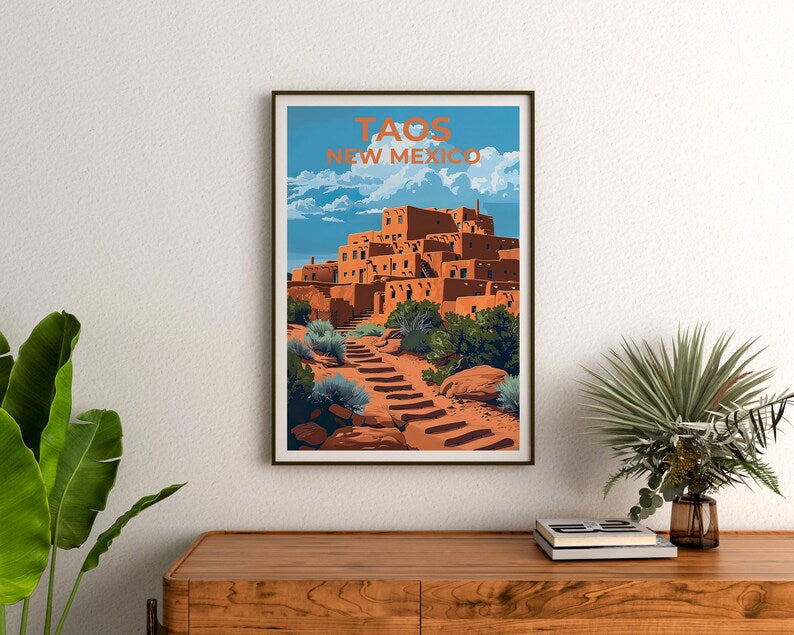 Taos Pueblo Travel Print Taos Poster New Mexico Wall Art Native American Illustration Desert Poster Home Decor Birthday Gift