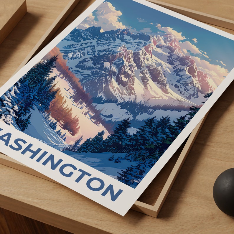 Affiche de Washington, Impression de Washington, Affiche des montagnes olympiques, Impression de Washington, Affiche de l'État de Washington, Affiche d'hiver, Impression de montagne
