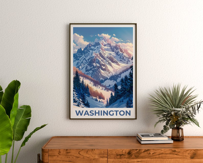 Affiche de Washington, Impression de Washington, Affiche des montagnes olympiques, Impression de Washington, Affiche de l'État de Washington, Affiche d'hiver, Impression de montagne