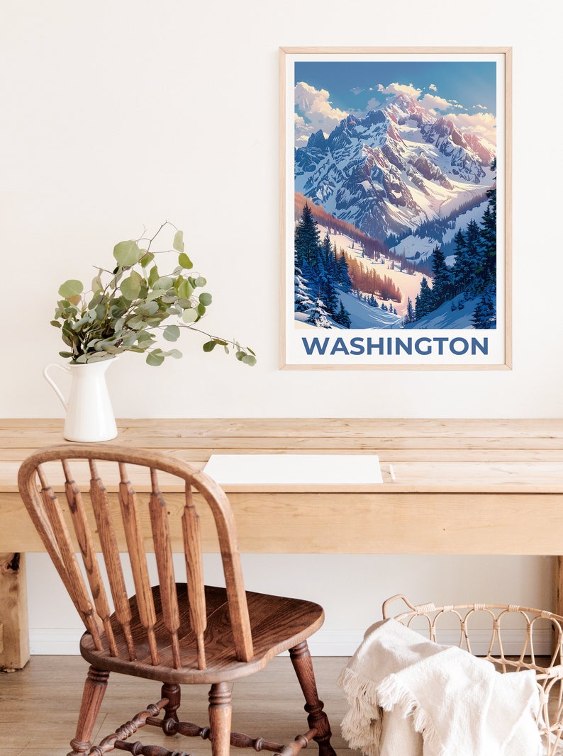 Affiche de Washington, Impression de Washington, Affiche des montagnes olympiques, Impression de Washington, Affiche de l'État de Washington, Affiche d'hiver, Impression de montagne