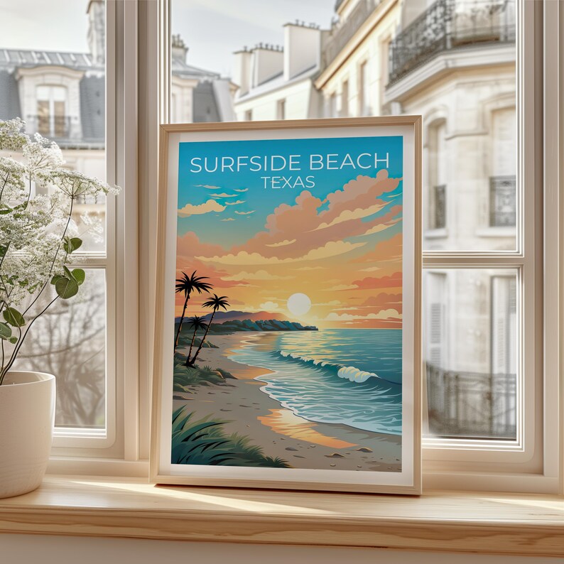 Surfside Beach Travel Print Texas Poster Coastal Wall Art Relaxing Illustration Surfside Beach Poster Home Decor Birthday Gift