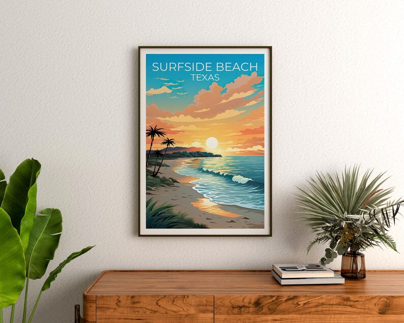 Surfside Beach Travel Print Texas Poster Coastal Wall Art Relaxing Illustration Surfside Beach Poster Home Decor Birthday Gift
