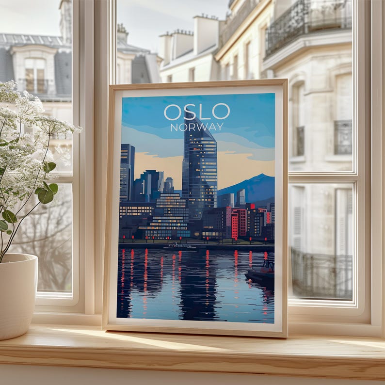 Oslo Travel Print Norway Poster Europe Wall Art Scandinavian Illustration Waterfront Harbor Poster Home Decor Birthday Gift