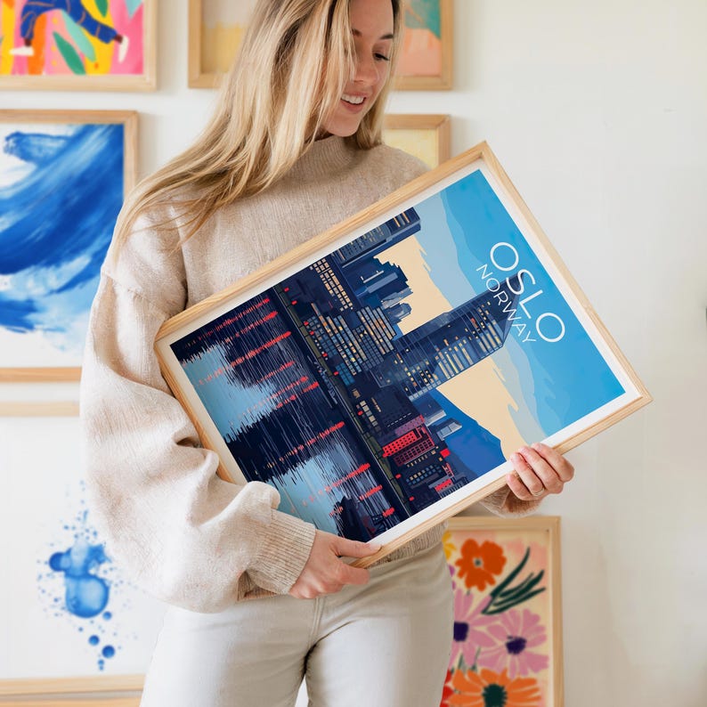 Oslo Travel Print Norway Poster Europe Wall Art Scandinavian Illustration Waterfront Harbor Poster Home Decor Birthday Gift