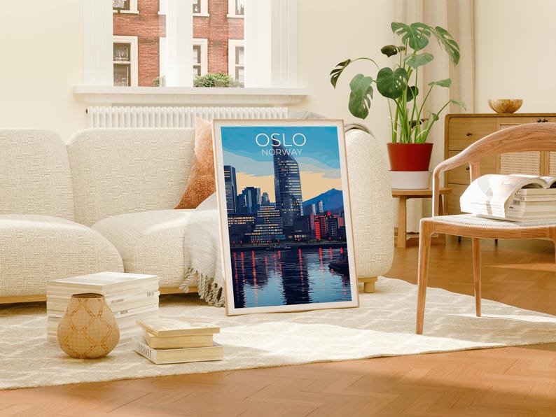 Oslo Travel Print Norway Poster Europe Wall Art Scandinavian Illustration Waterfront Harbor Poster Home Decor Birthday Gift