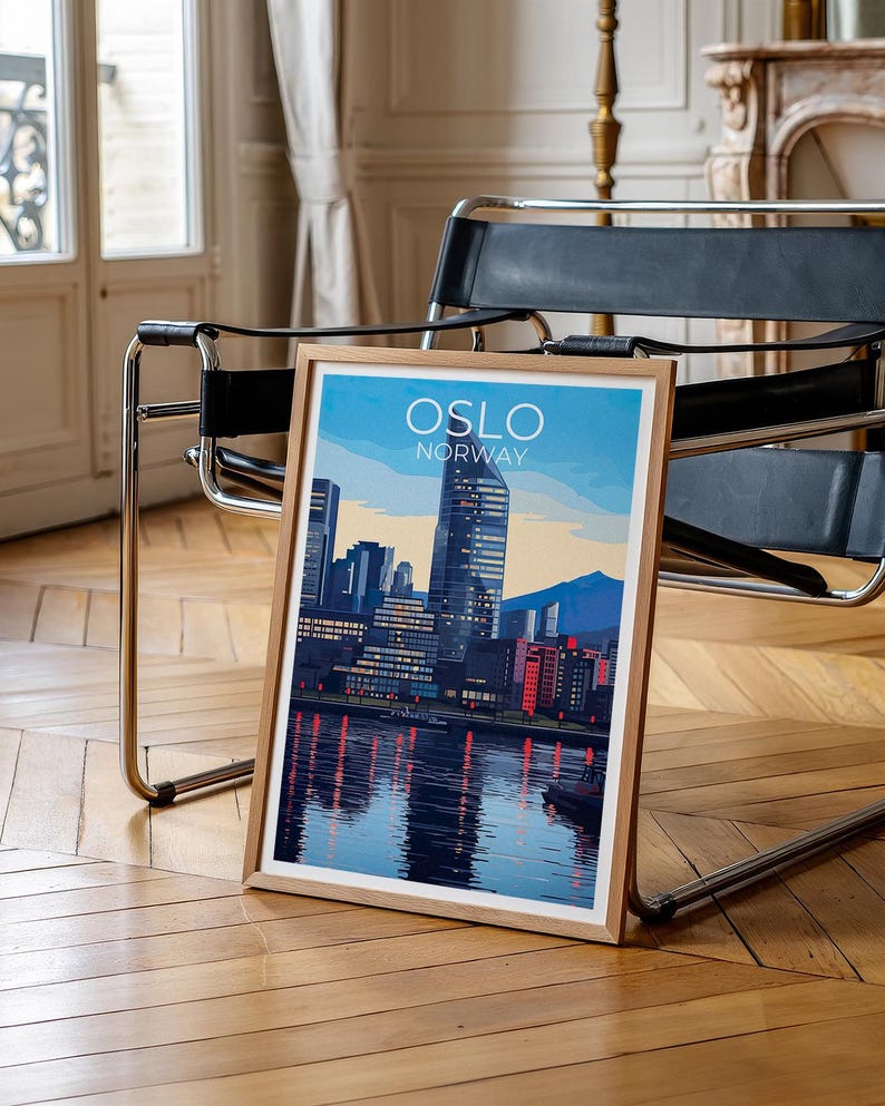 Oslo Travel Print Norway Poster Europe Wall Art Scandinavian Illustration Waterfront Harbor Poster Home Decor Birthday Gift