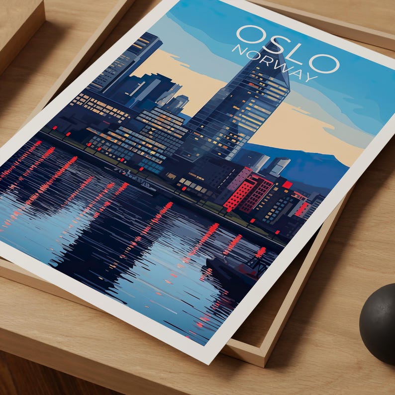 Oslo Travel Print Norway Poster Europe Wall Art Scandinavian Illustration Waterfront Harbor Poster Home Decor Birthday Gift